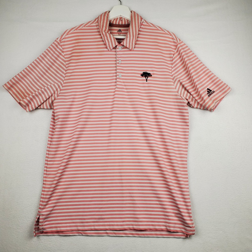 Adidas Polo Shirt Men's Medium Pink Striped Golf Perfoamce Short Sleeve Collared